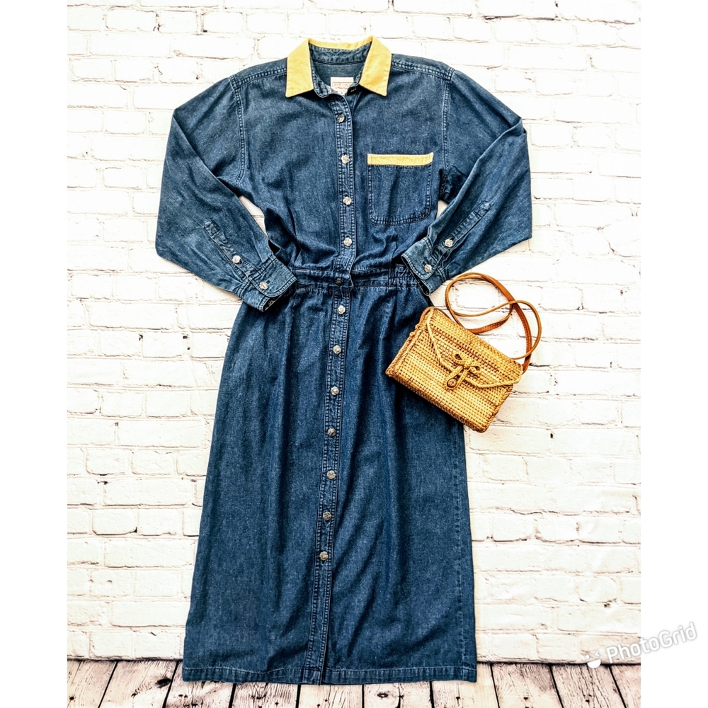 Vintage denim button front prairie dress with silver animal print buttons